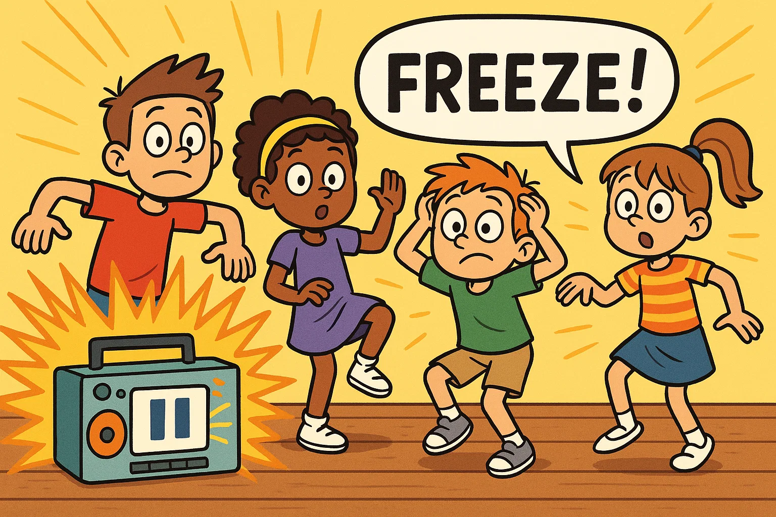 Cartoon kids striking silly poses during freeze dance music game. Cartoon kids striking silly poses during freeze dance music game.