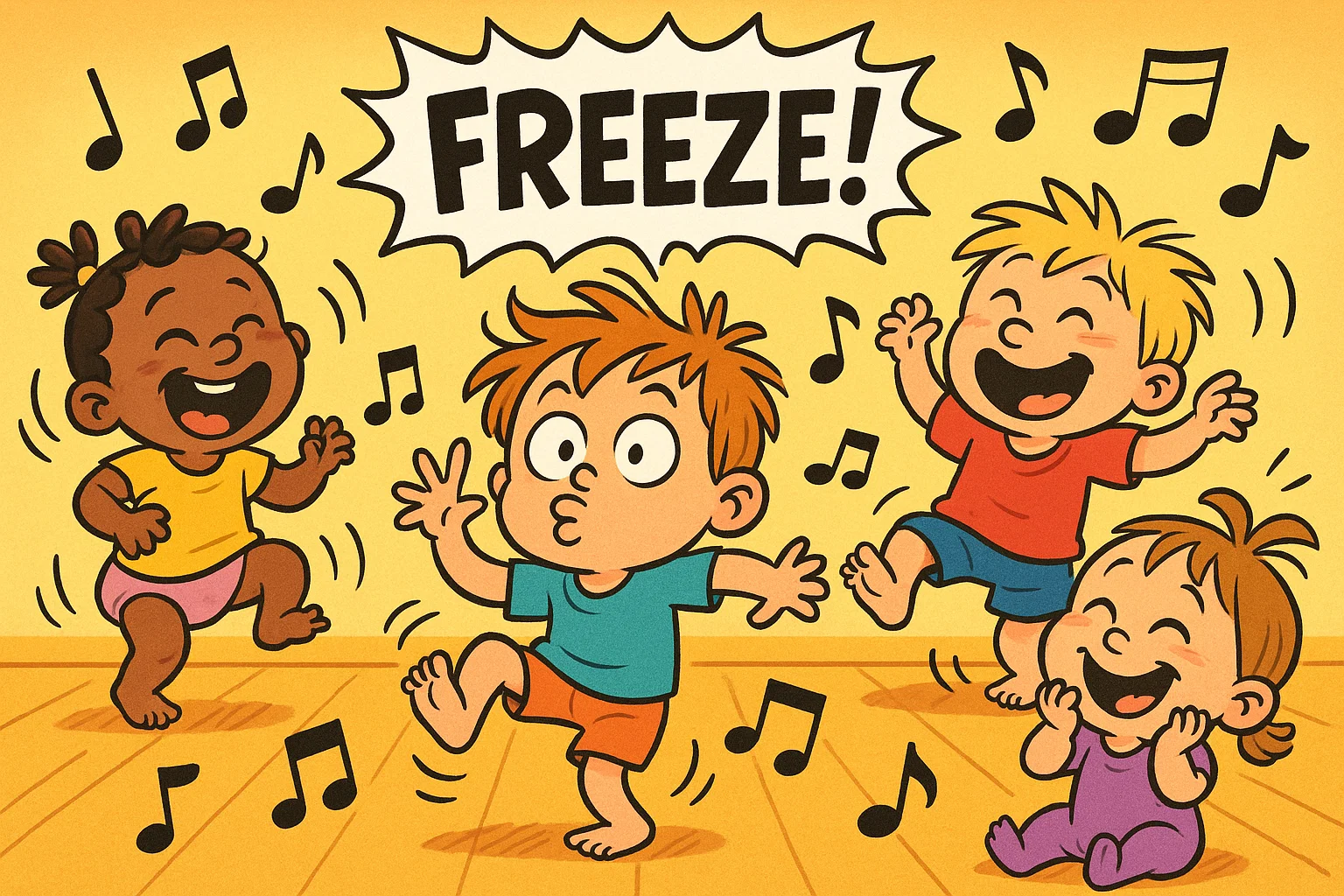 Toddlers playing freeze dance party game with music and laughter. Toddlers playing freeze dance party game with music and laughter.