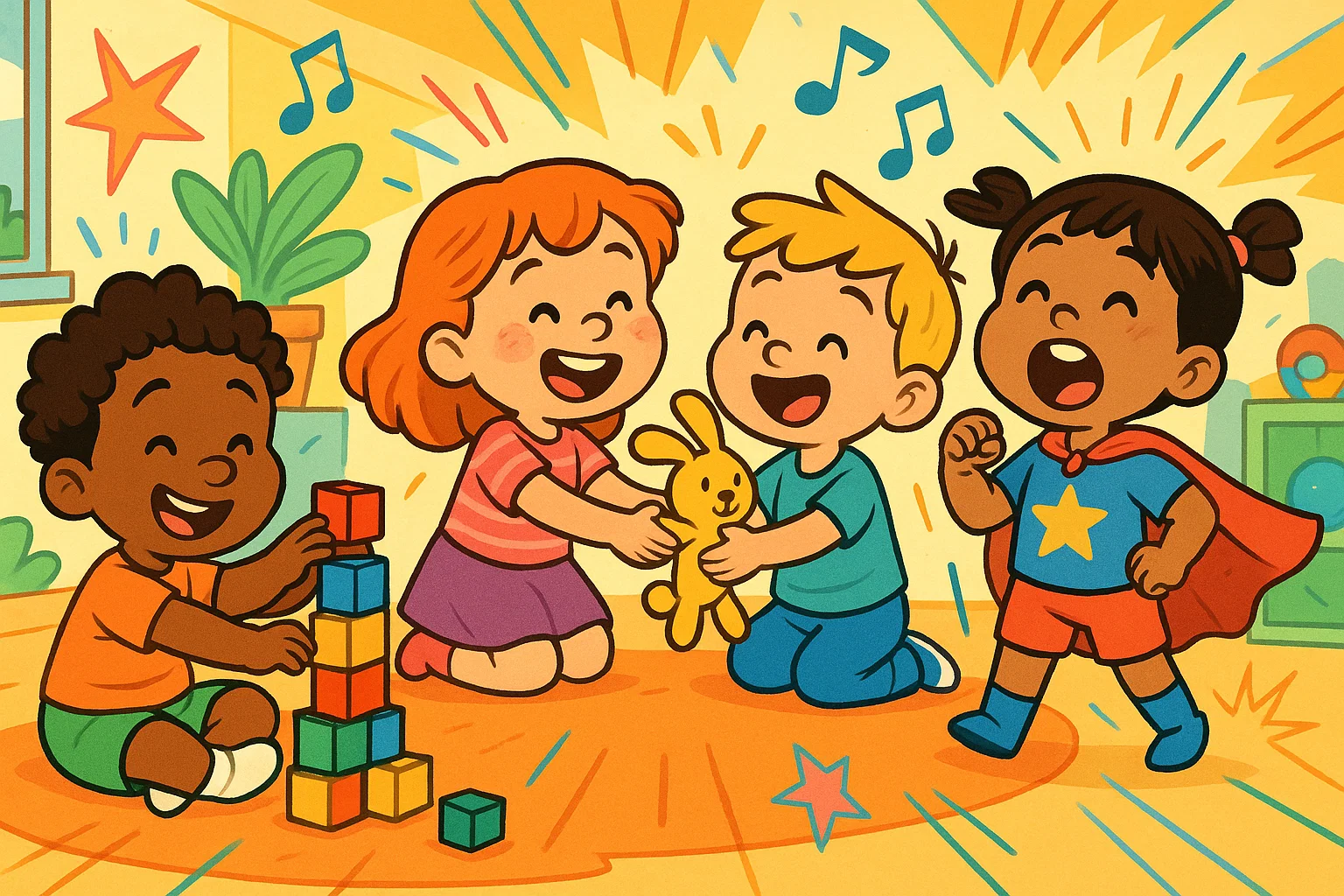 A colorful cartoon showing toddlers playing together, building blocks, and sharing toys to develop social skills. A colorful cartoon showing toddlers playing together, building blocks, and sharing toys to develop social skills.