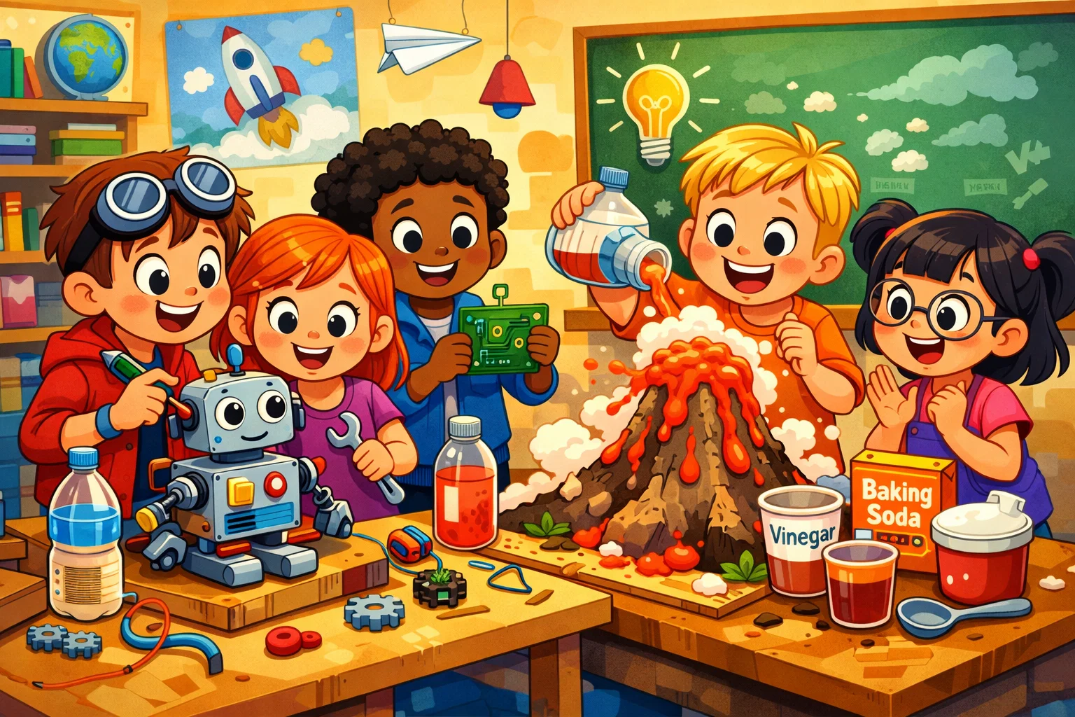 Fun DIY STEM activities for elementary students in a classroom setting, with students engaged in creative projects.