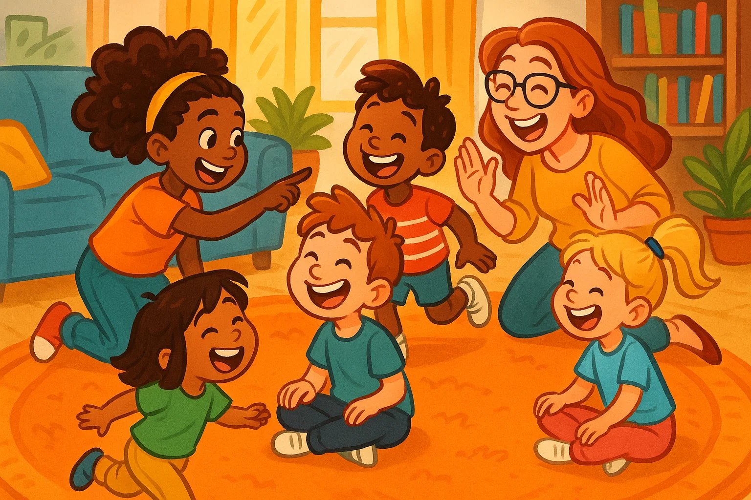 A vibrant cartoon illustration of a family playing a fun indoor game together, showing happiness and activity in a cozy home setting.