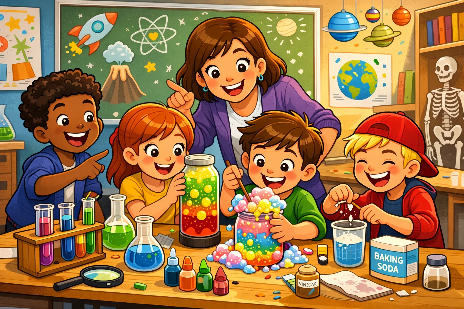 Fun science DIY activities for elementary students, featuring colorful experiments like a homemade volcano eruption.
