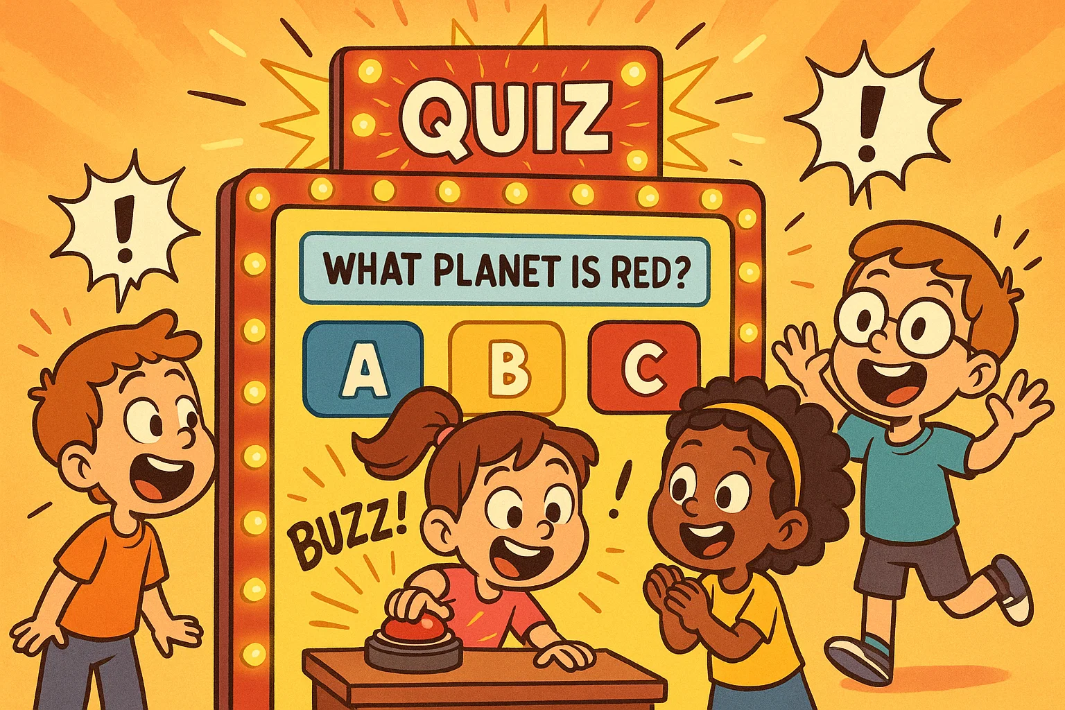 Cartoon kids enjoying a fun science quiz with questions and answers. Cartoon kids enjoying a fun science quiz with questions and answers.