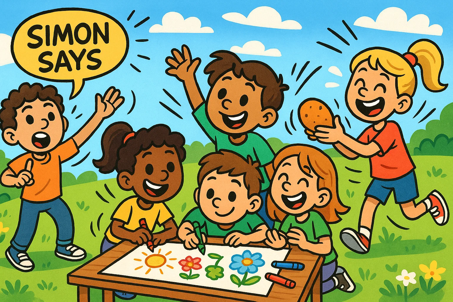 Cartoon illustration showing different fun activities like art projects and group games that help preschoolers build social skills. Cartoon illustration showing different fun activities like art projects and group games that help preschoolers build social skills.