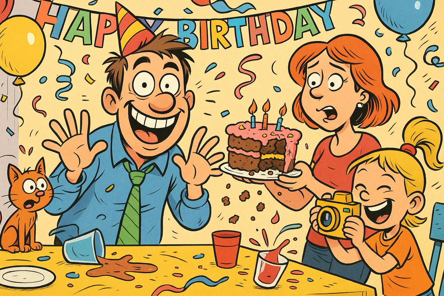 A fun cartoon of a family celebrating a birthday with funny, chaotic, and joyful moments.