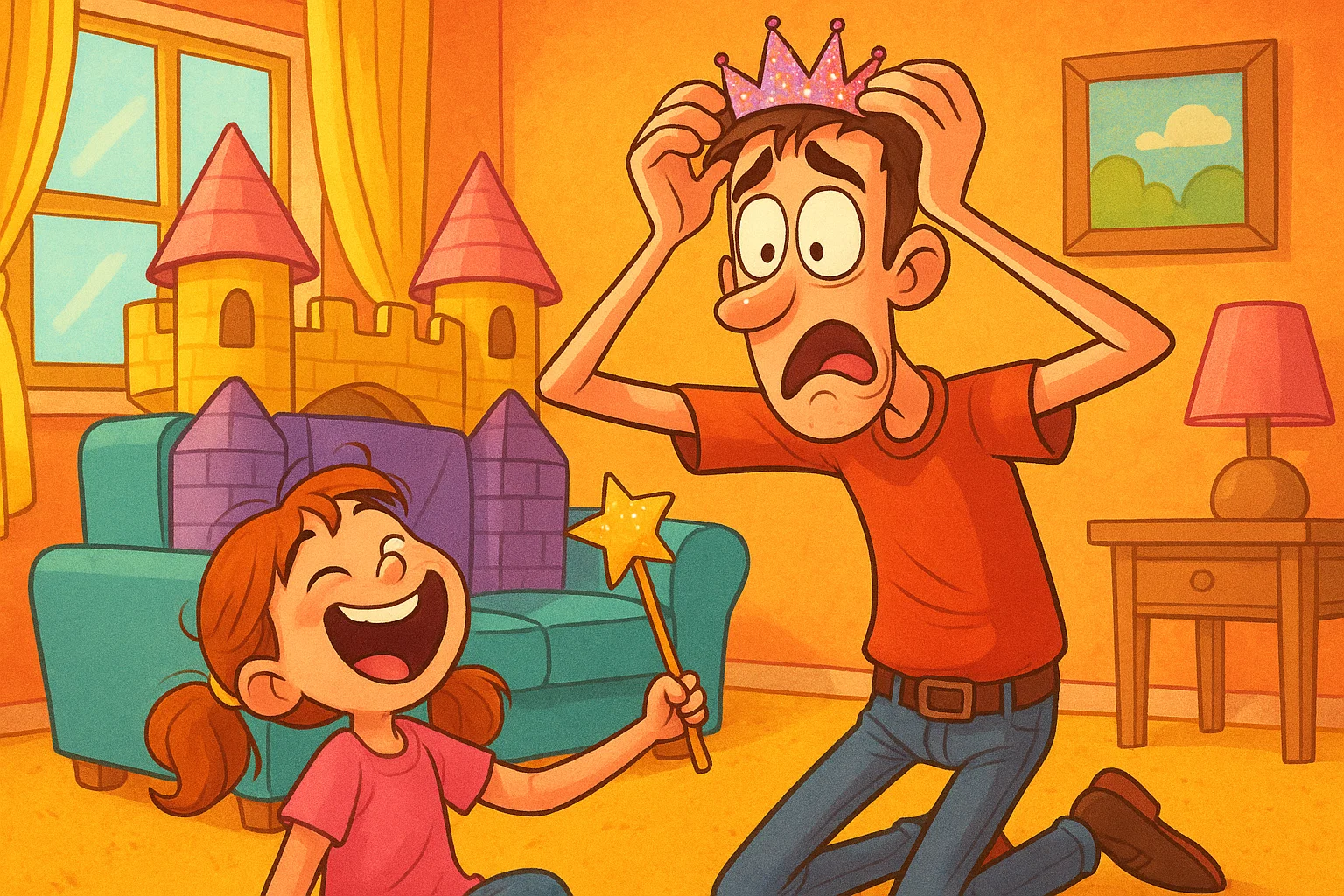 A cartoon dad struggling to wear a small tiara while his daughter laughs on the floor.