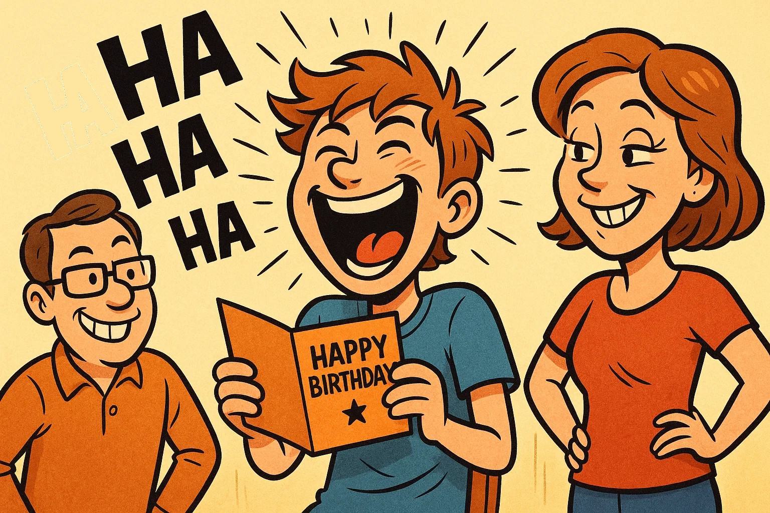 A funny cartoon of a son laughing at a birthday card from his parents.
