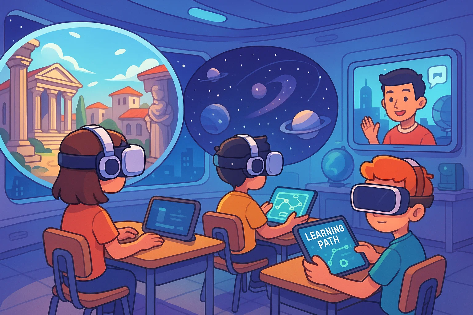 Students using VR and personalized video lessons in future classrooms. Students using VR and personalized video lessons in future classrooms.