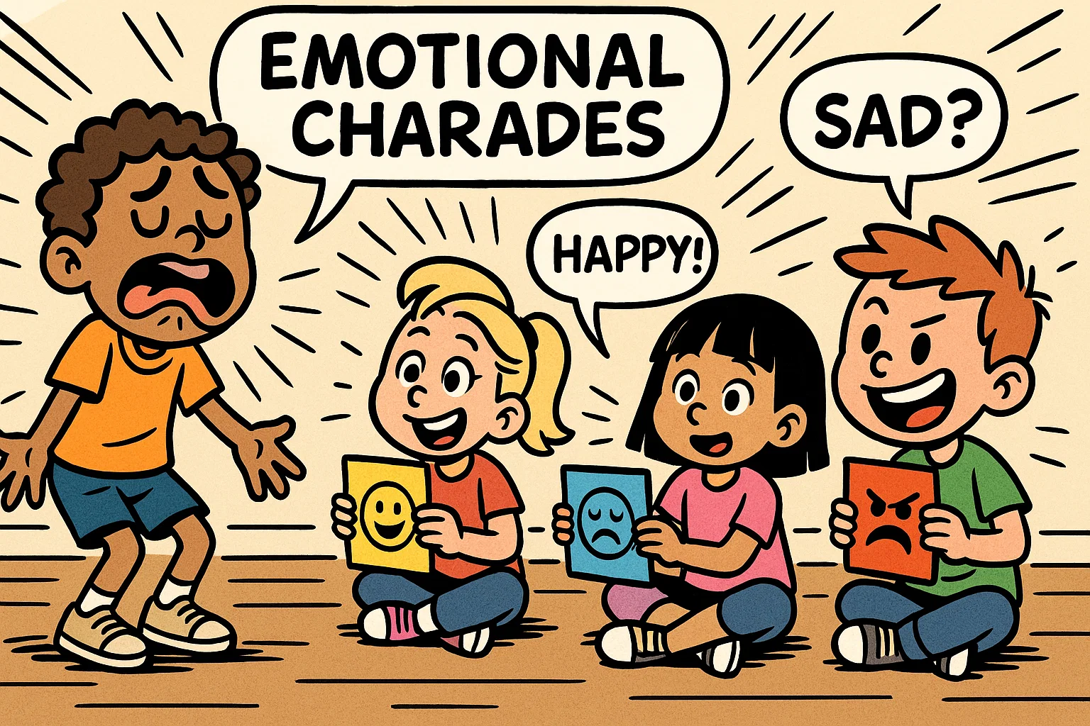 Cartoon kids playing games for emotional awareness using emotion cards and charades. Cartoon kids playing games for emotional awareness using emotion cards and charades.
