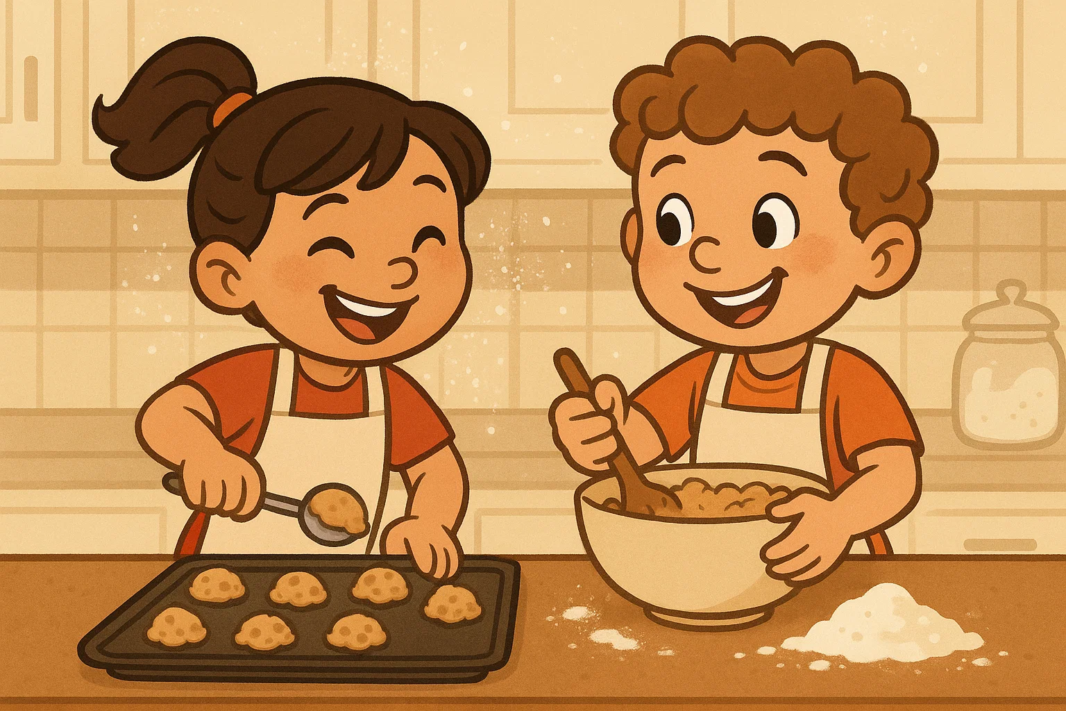 Alt attribute: Two cheerful children wearing aprons are cooking cookies together in a kitchen.