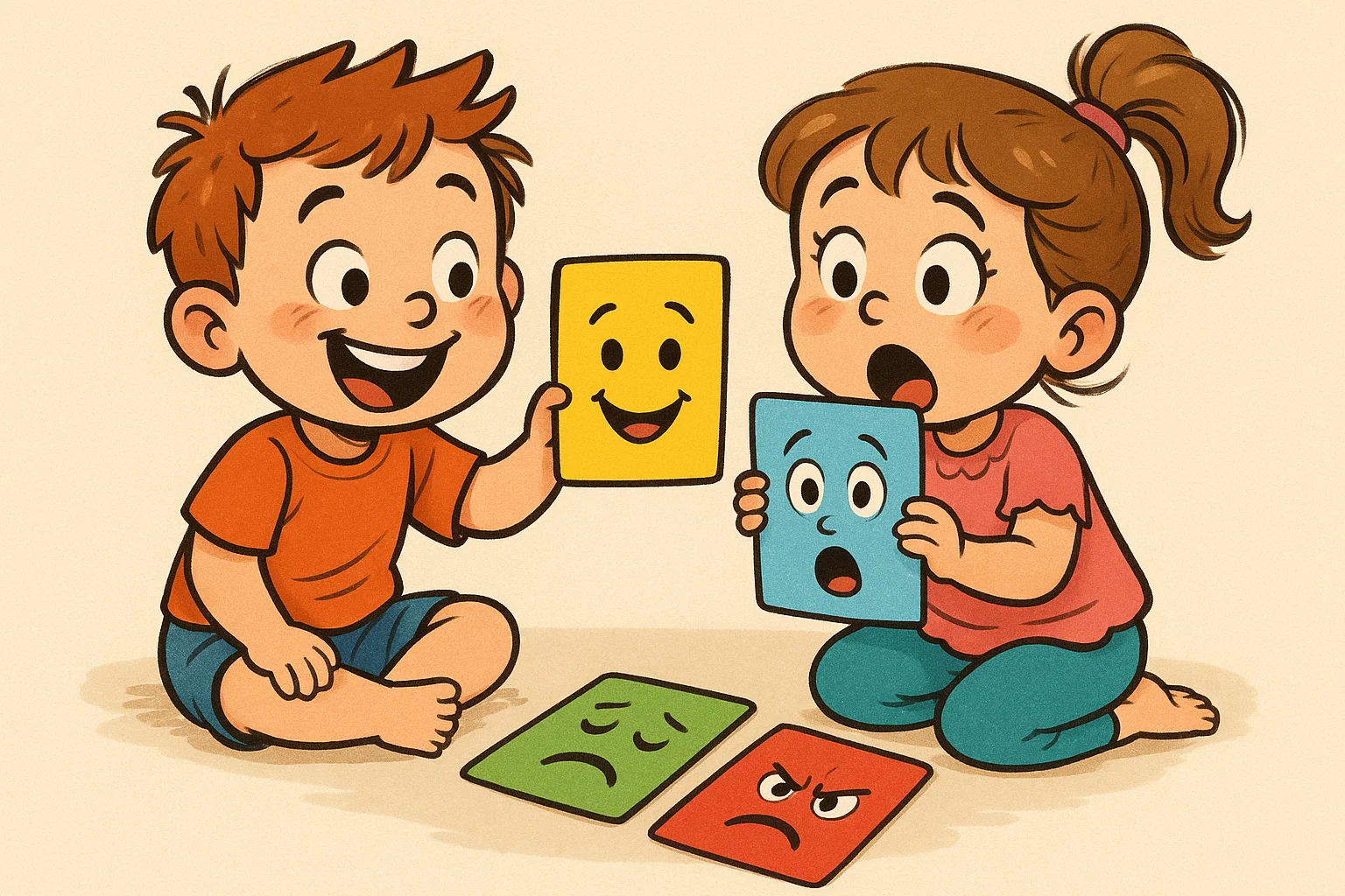 A cartoon of children playing a card game to understand and identify different emotions like happy, sad, and surprised. A cartoon of children playing a card game to understand and identify different emotions like happy, sad, and surprised.