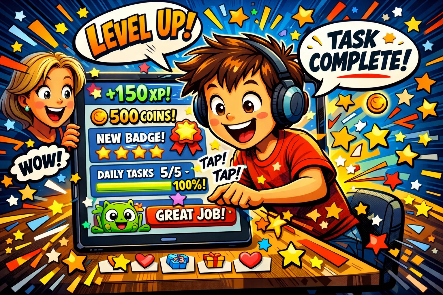 Gamification and engagement methods in ADHD apps for kids with rewards and task motivation.
