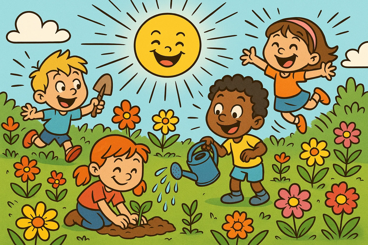 Cartoon of garden activities for kids with planting, watering and playful nature fun. Cartoon of garden activities for kids with planting, watering and playful nature fun.