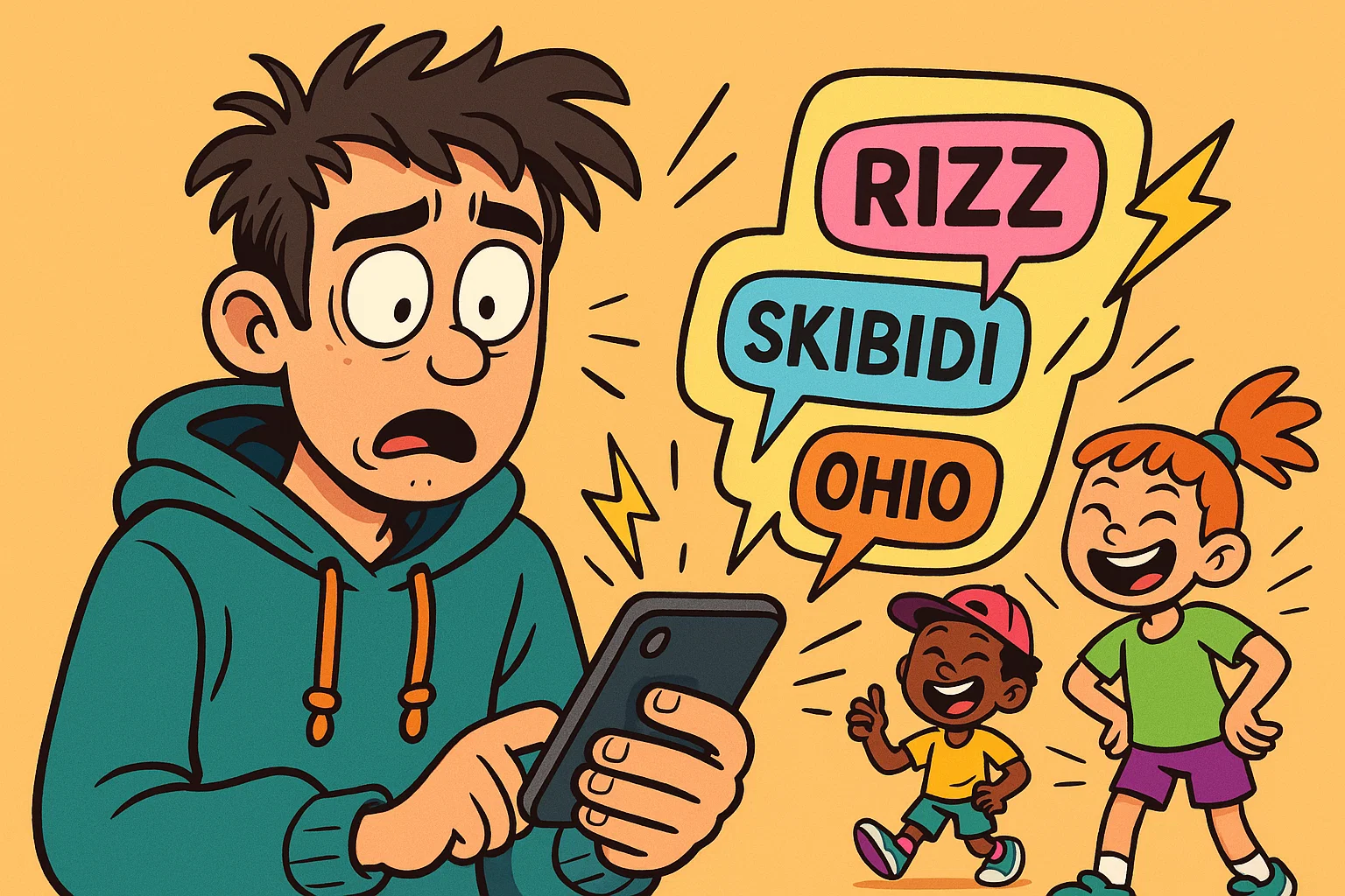 A whimsical cartoon showing a surprised millennial looking at a phone with incomprehensible slang, while Gen Alpha kids laugh.