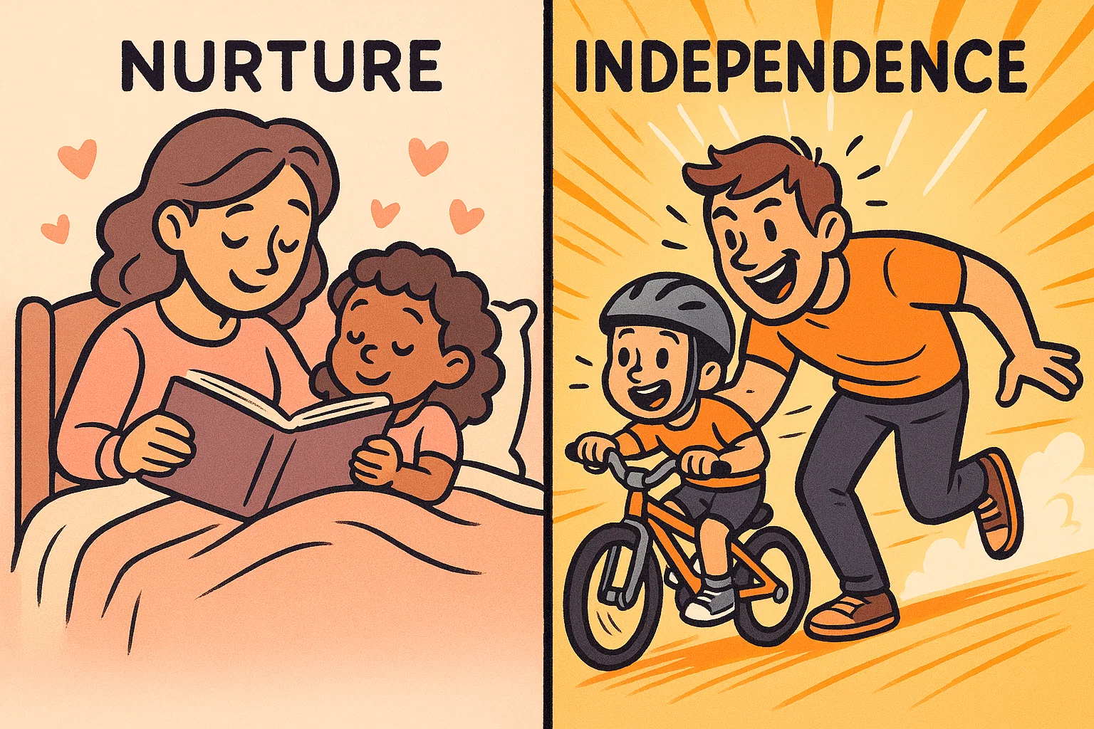 Cartoon illustration of gender differences in parenting styles between mothers and fathers. Cartoon illustration of gender differences in parenting styles between mothers and fathers.