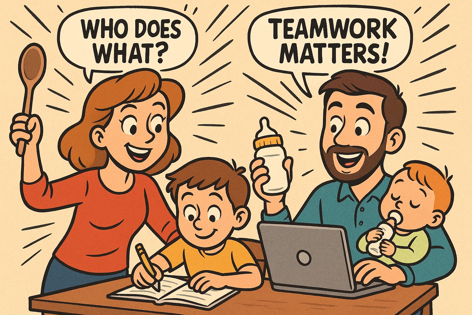 Cartoon family illustrating gender roles in parenting with shared and divided responsibilities. Cartoon family illustrating gender roles in parenting with shared and divided responsibilities.