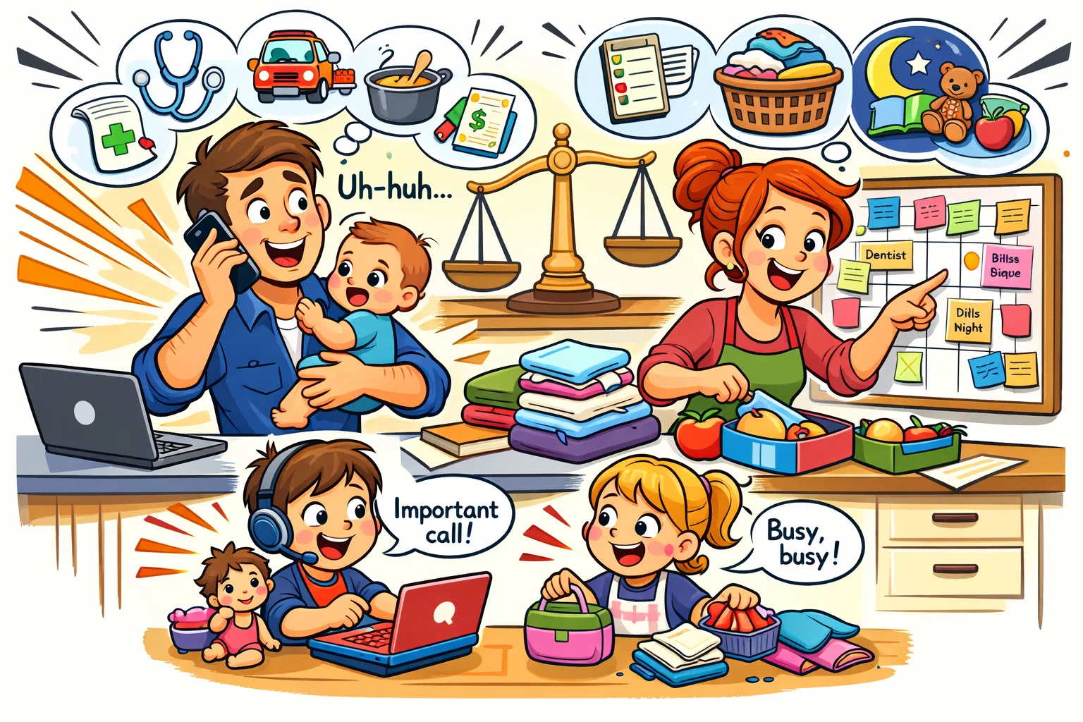 Gender roles in parenting family balance with shared care and mental load at home.