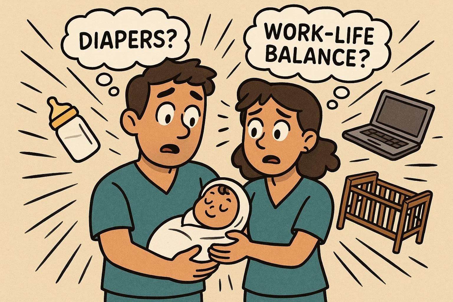 Cartoon couple showing gender roles across the transition to parenthood with baby care. Cartoon couple showing gender roles across the transition to parenthood with baby care.