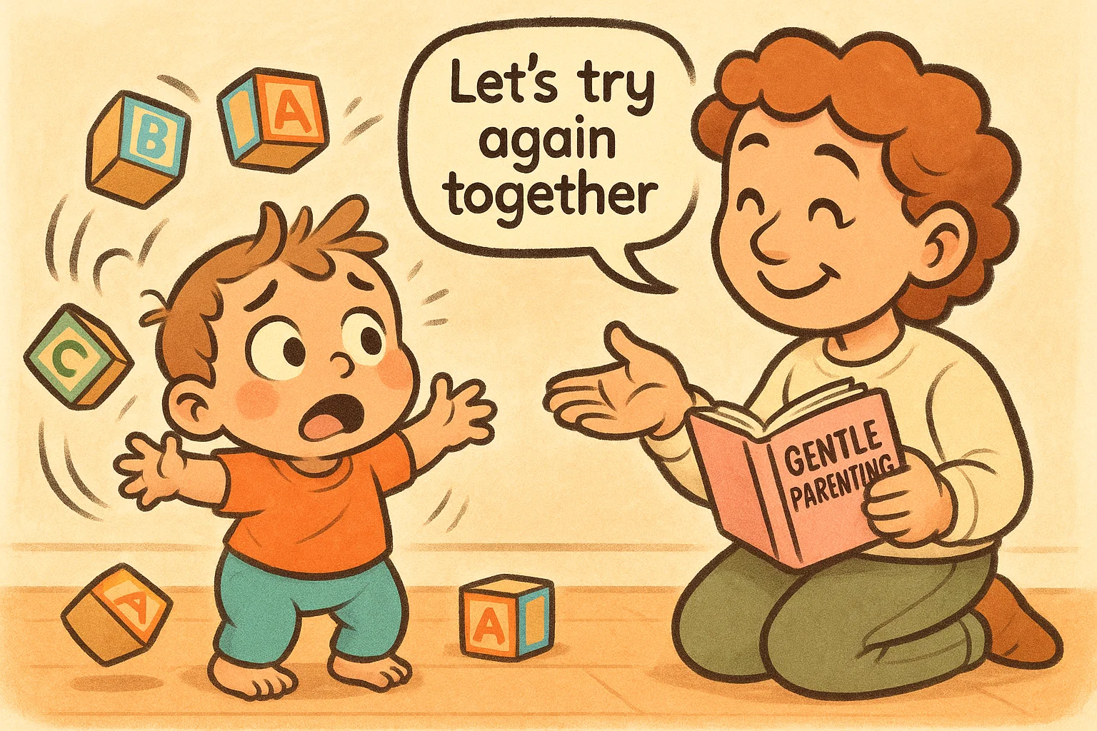 Parent teaching toddler with gentle parenting discipline books. Parent teaching toddler with gentle parenting discipline books.