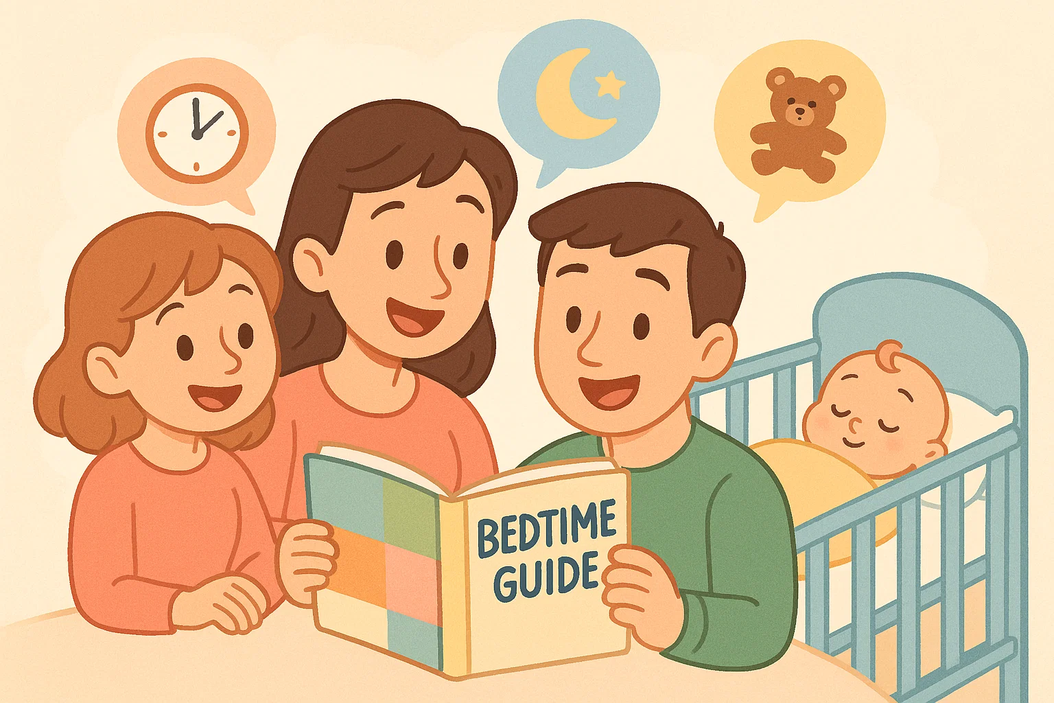Gentle sleep training methods guide with parents reading and baby sleeping calmly. Gentle sleep training methods guide with parents reading and baby sleeping calmly.