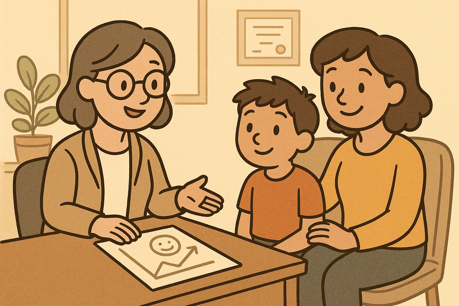 A cartoon showing a child and parent with a friendly therapist, symbolizing getting professional help for OCD. A cartoon showing a child and parent with a friendly therapist, symbolizing getting professional help for OCD.