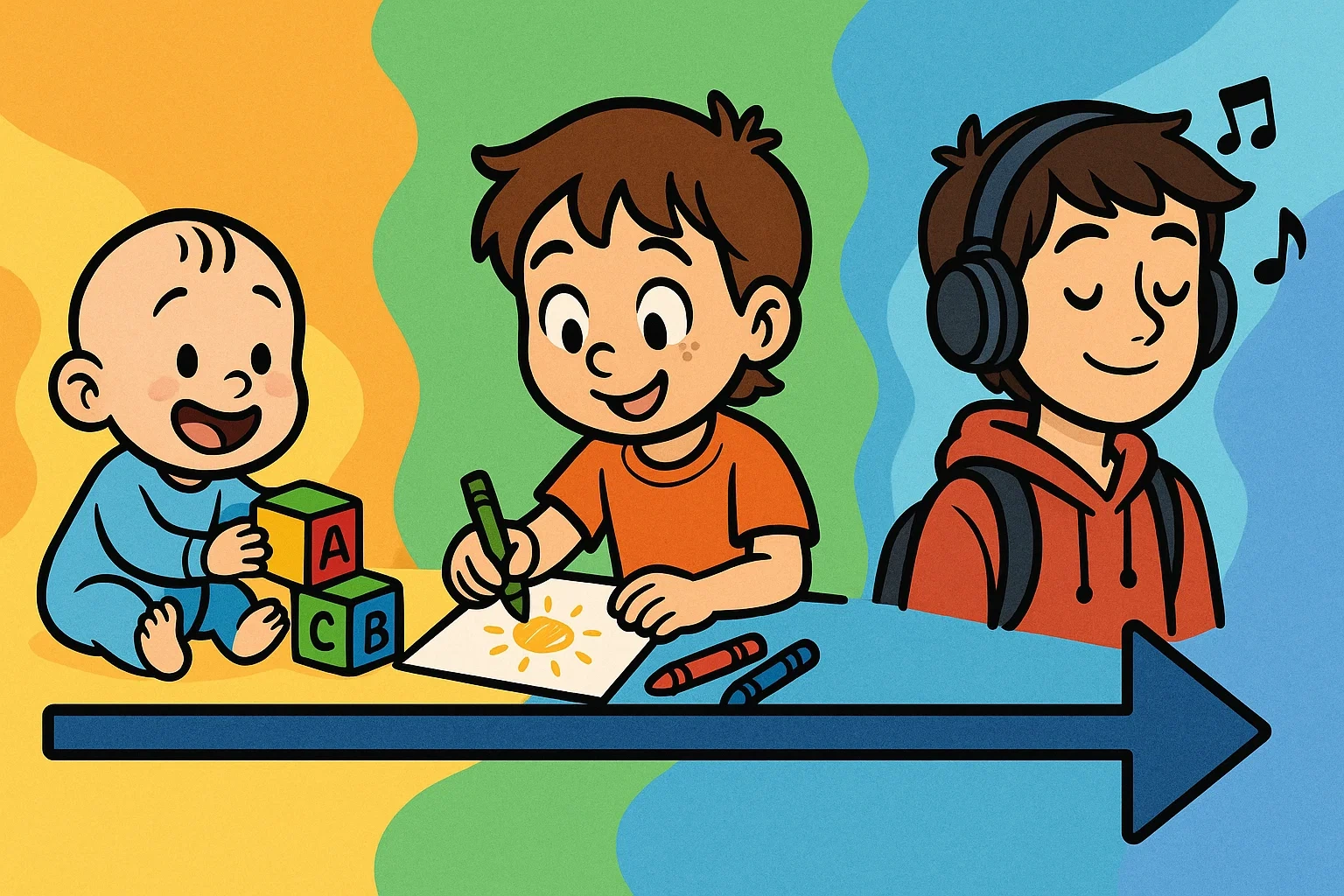 A cartoon timeline showing gift ideas for different ages, from baby to teenager, with various colorful objects. A cartoon timeline showing gift ideas for different ages, from baby to teenager, with various colorful objects.