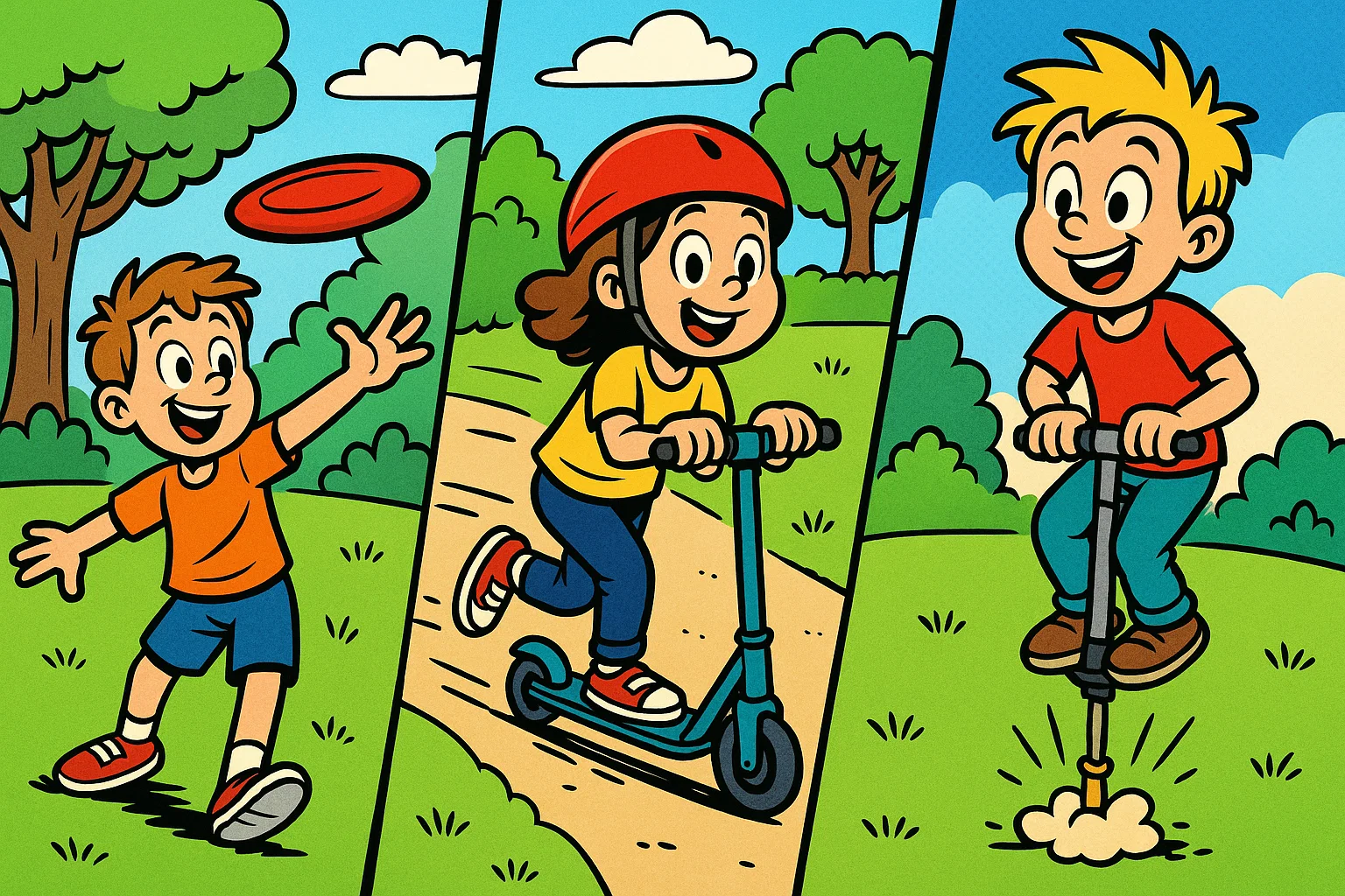 A colorful cartoon illustration showing a kid with a frisbee, a child on a scooter, and another kid on a pogo stick.