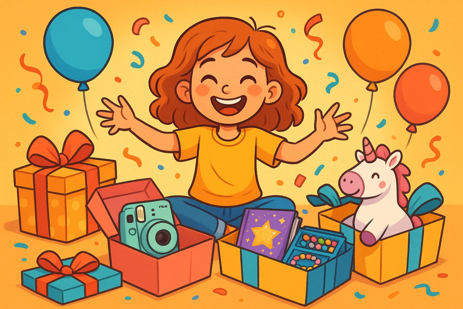 Girl opening birthday presents with toys, books, and unicorn plush. Girl opening birthday presents with toys, books, and unicorn plush.