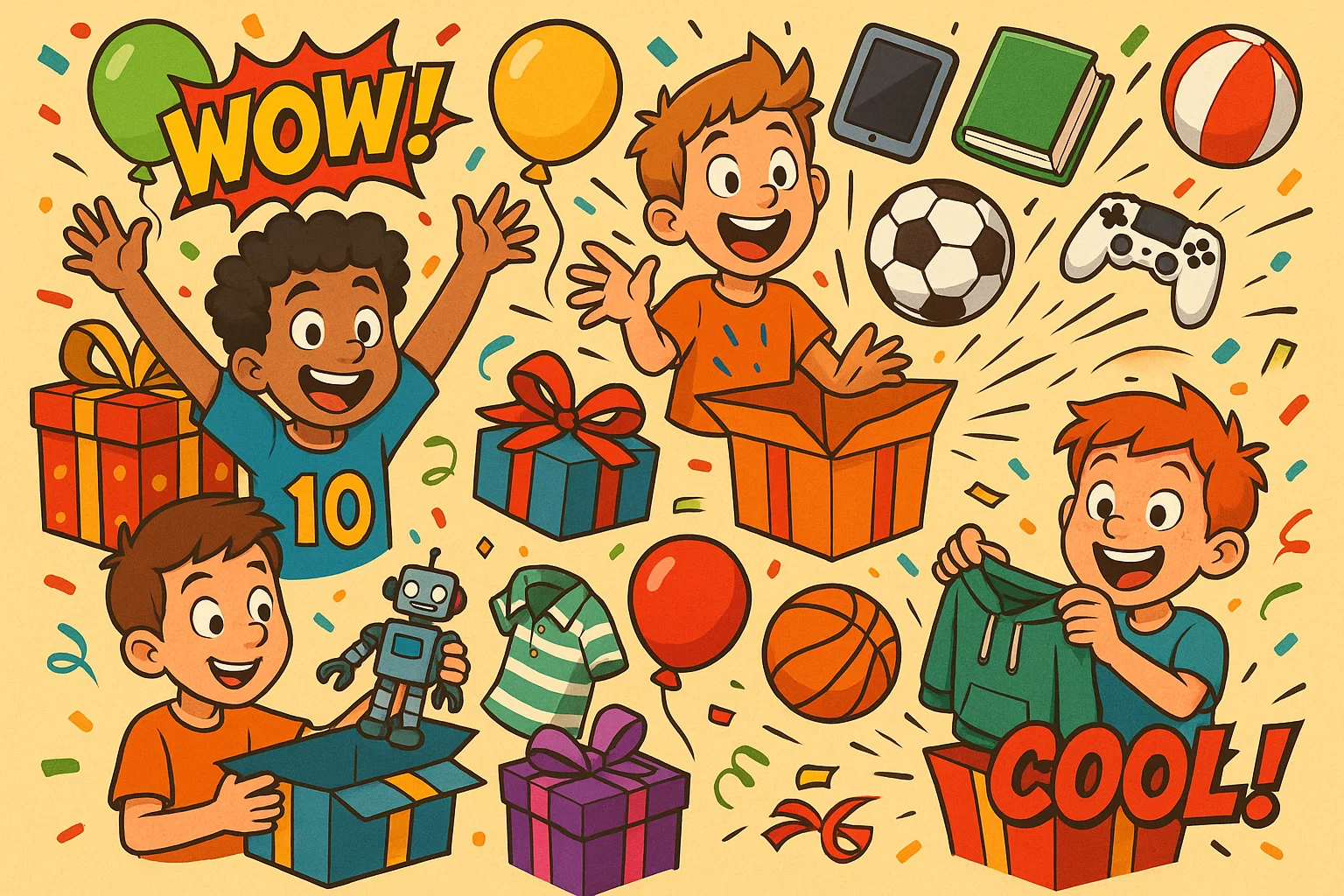 Gift ideas for 10 years old boys with toys, sports gear, gadgets and books.