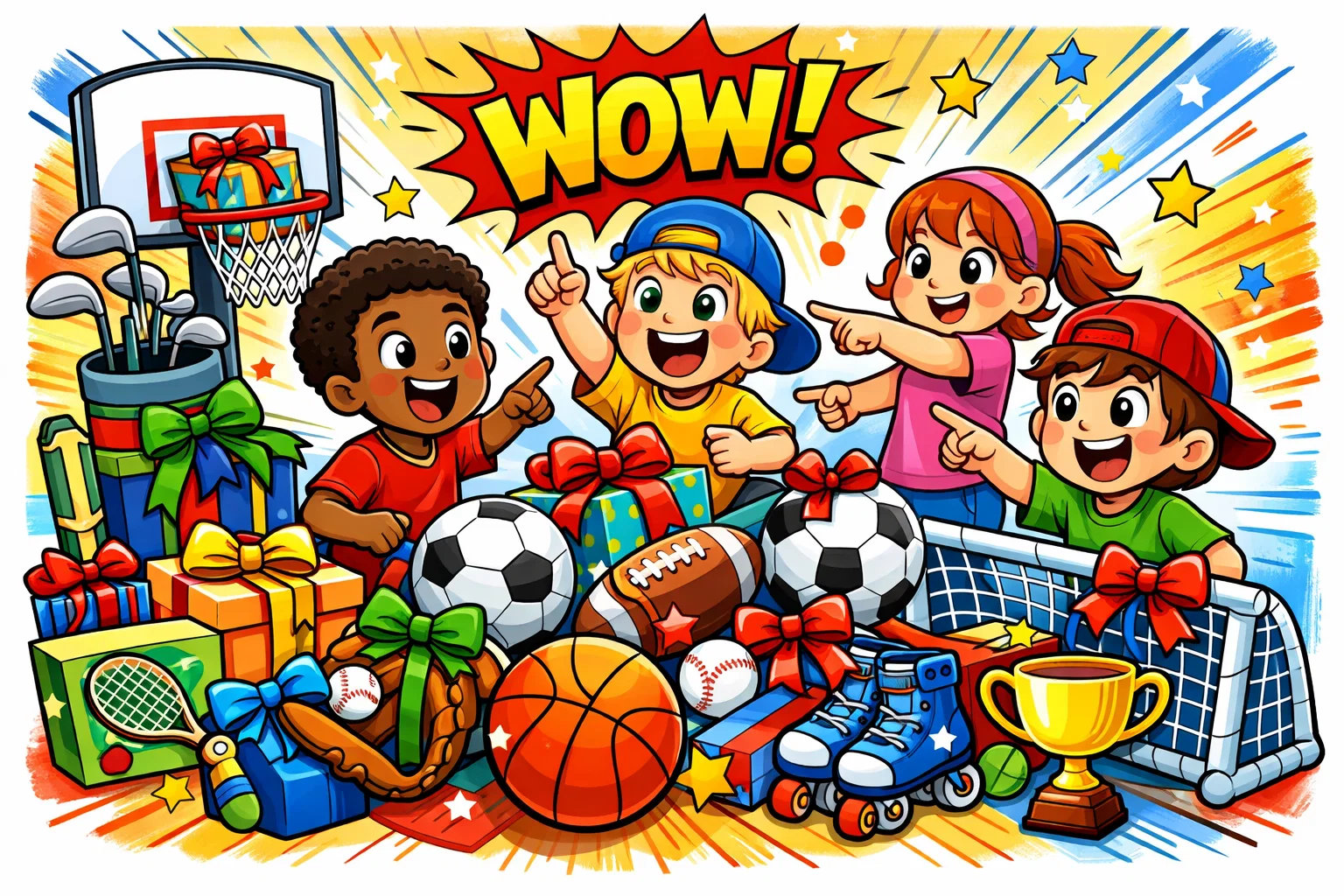 Excited kids surrounded by different sports gifts like soccer balls, basketball hoops, and golf sets.