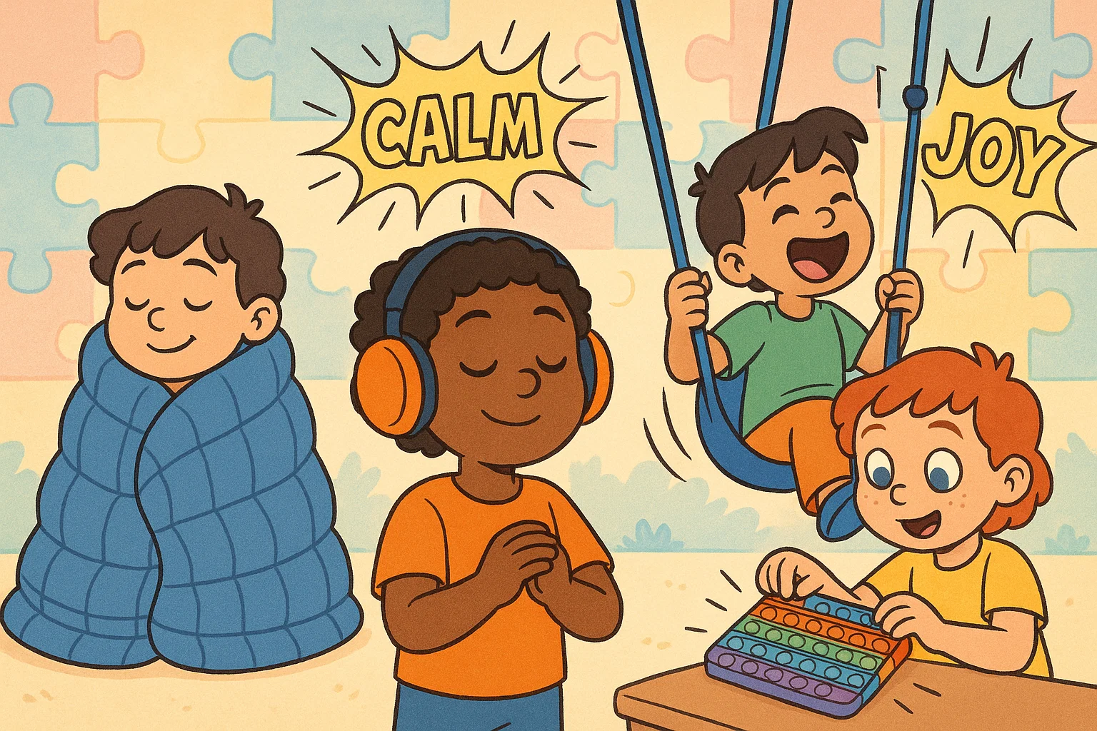 Autistic kids with sensory swing, weighted blanket, headphones, and fidget toys. Autistic kids with sensory swing, weighted blanket, headphones, and fidget toys.