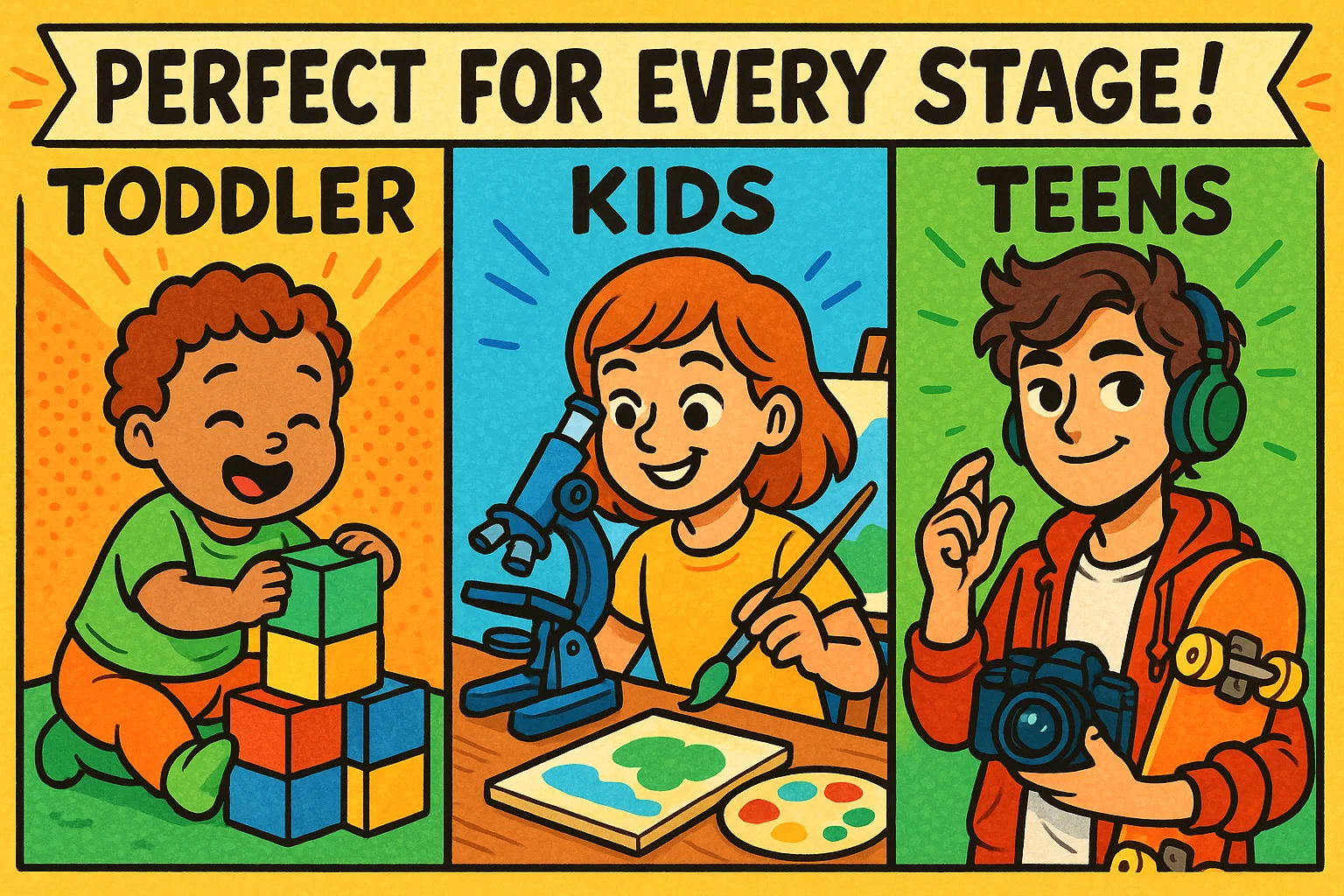 Toddler, kid and teen with gifts matching age and interests.