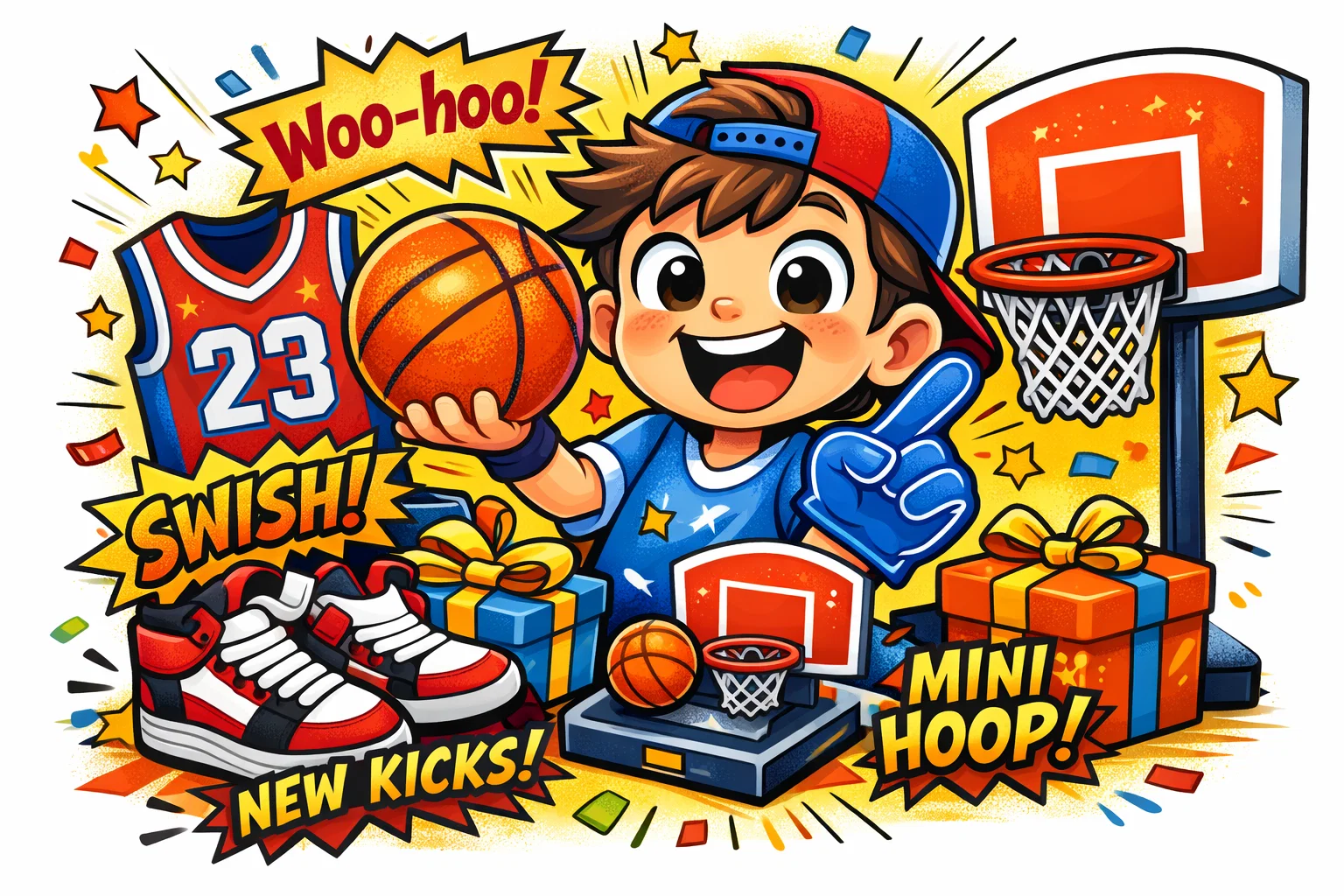 Cartoon of a basketball fan kid holding a ball, with basketball-themed gifts.
