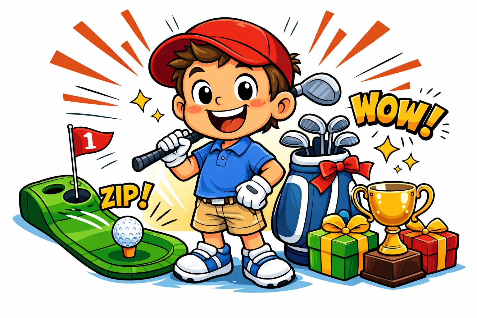  Cartoon of a kid golfer holding a golf club, surrounded by golf-themed gifts.
