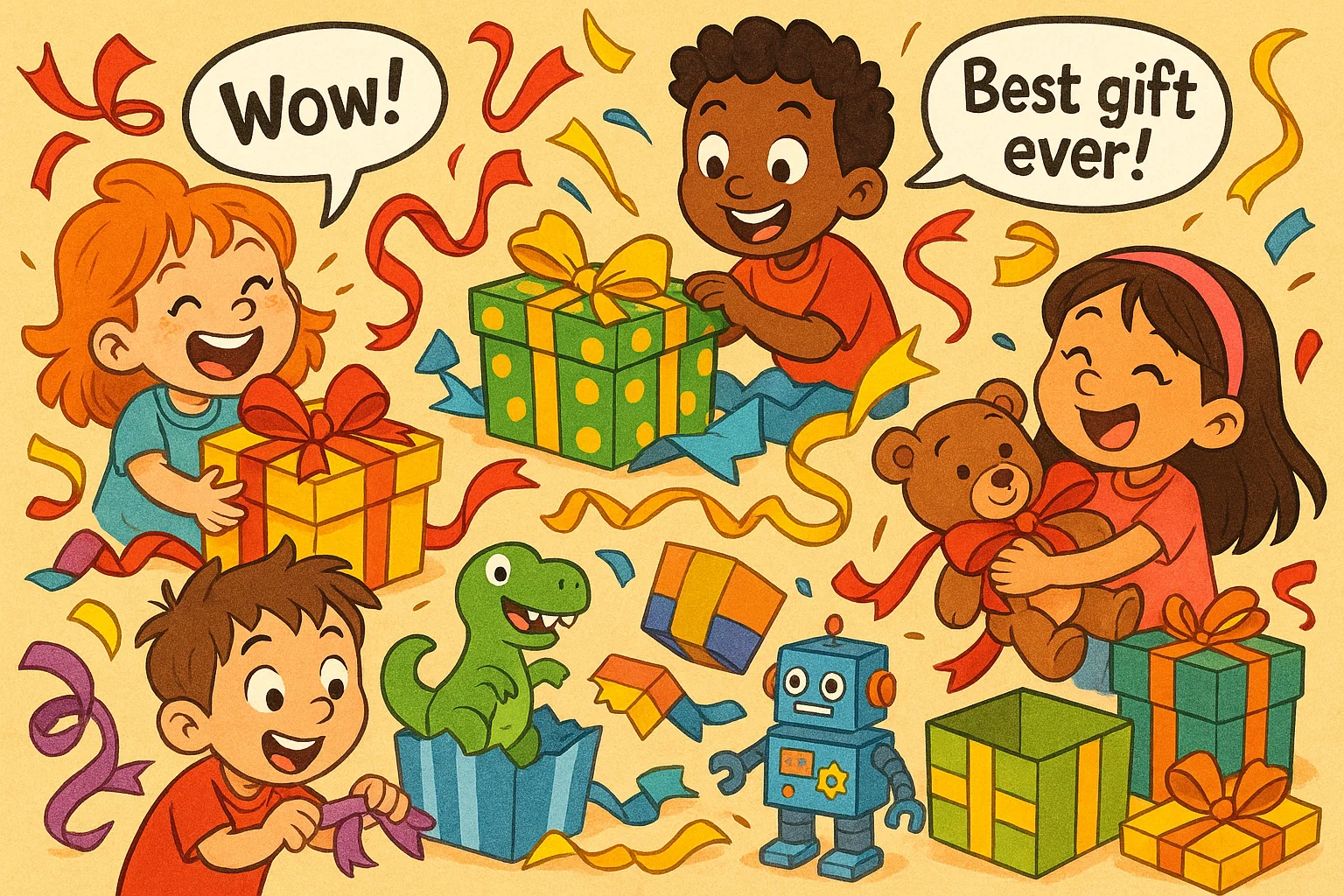 Cartoon of gifts for kids under 10 with children opening presents. Cartoon of gifts for kids under 10 with children opening presents.