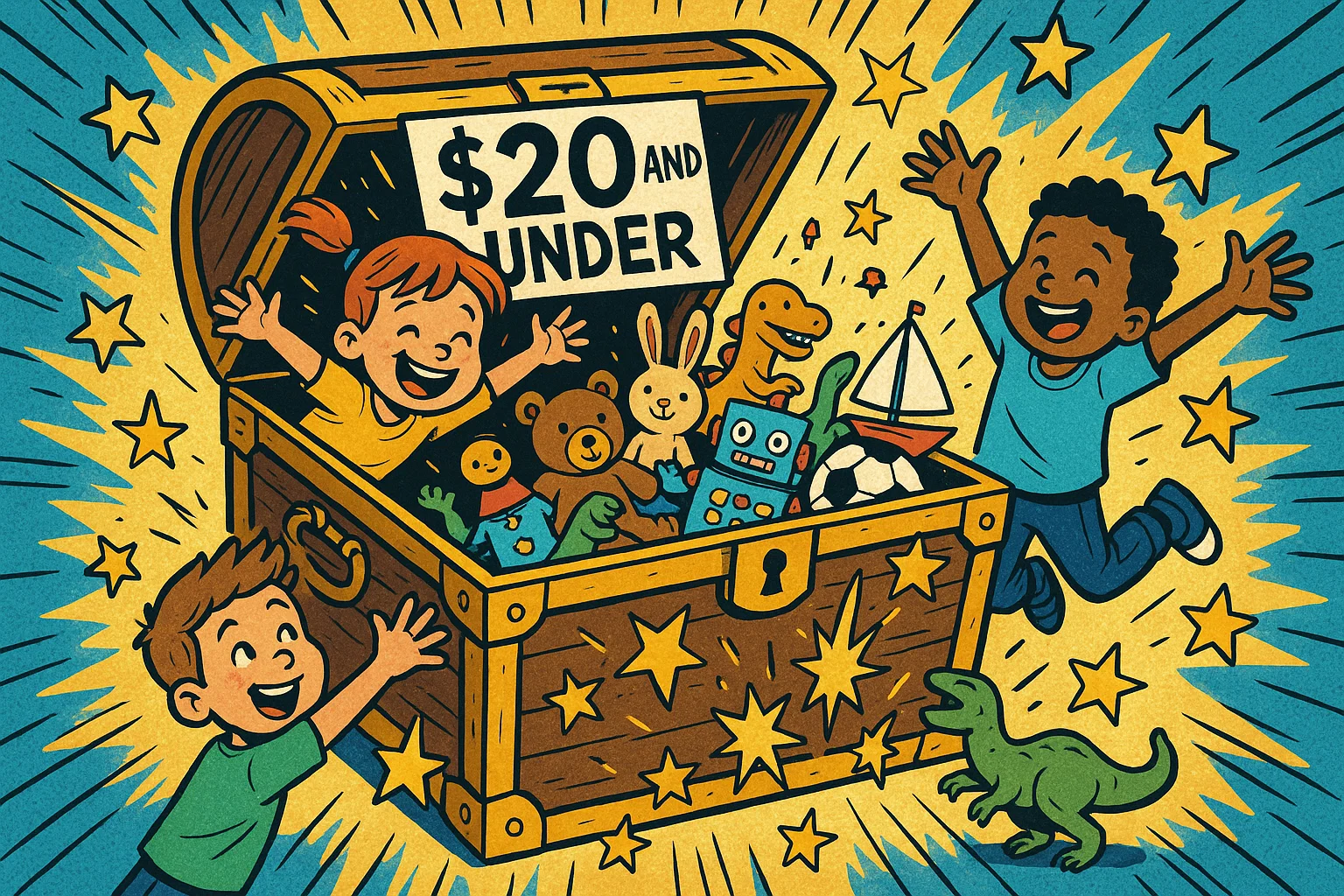 Cartoon gifts under 20 for kids with toys in a treasure chest. Cartoon gifts under 20 for kids with toys in a treasure chest.