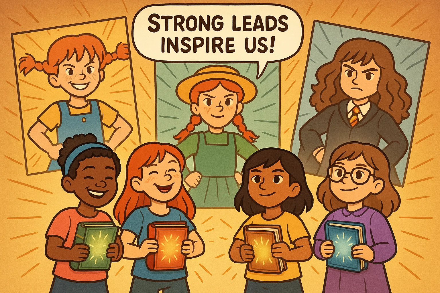 Cartoon girl heroes with classic childhood books showing strong female leads and role models. Cartoon girl heroes with classic childhood books showing strong female leads and role models.