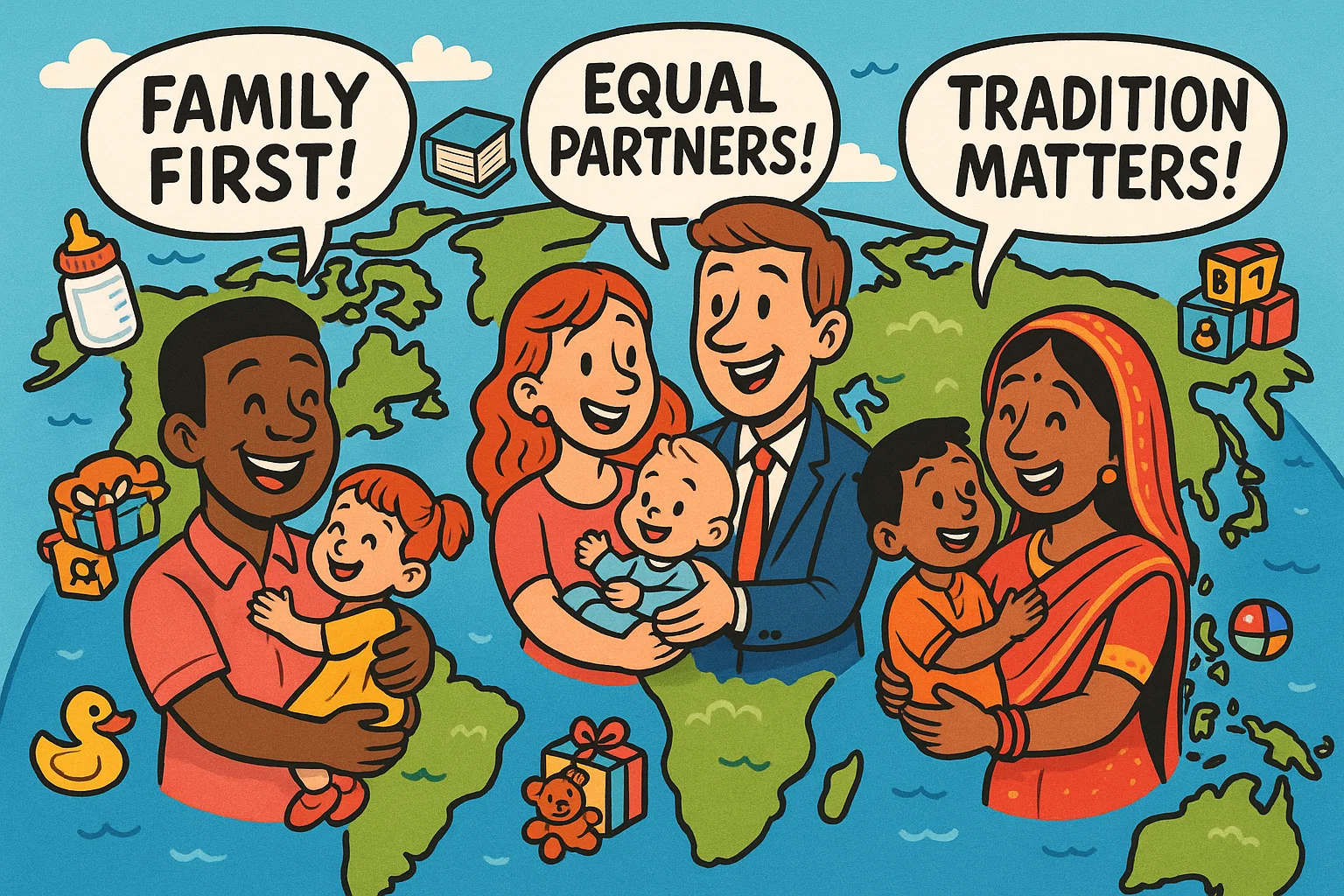 Cartoon world map with global perspectives on gender and parenting roles. Cartoon world map with global perspectives on gender and parenting roles.