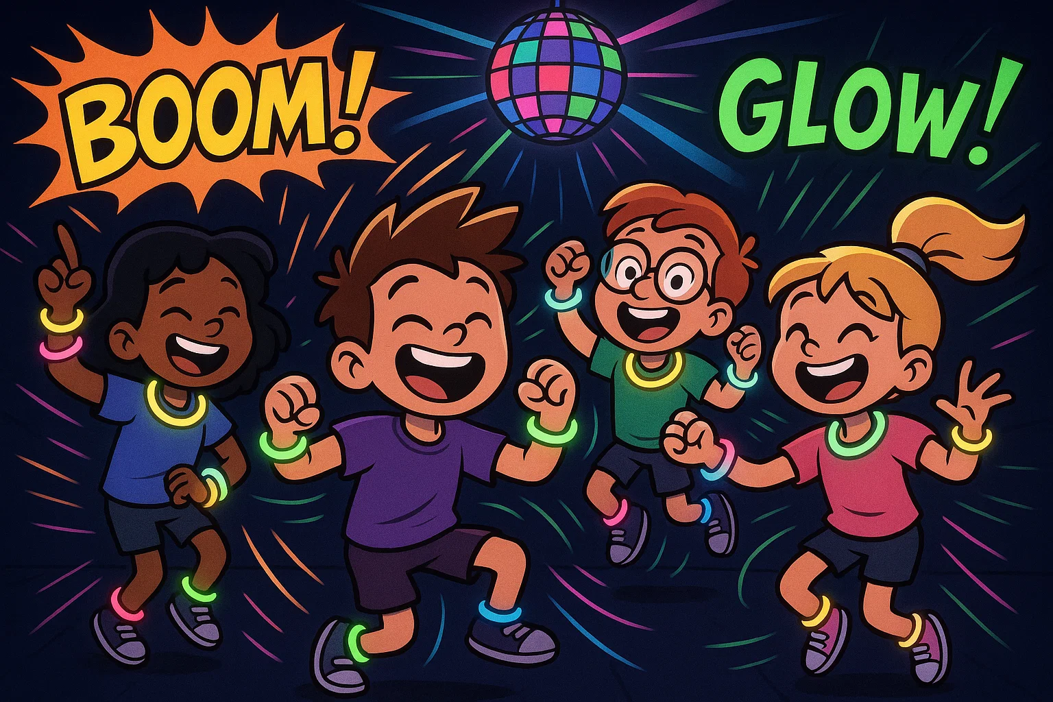 Kids dancing with glow sticks at glow-in-the-dark birthday party.
