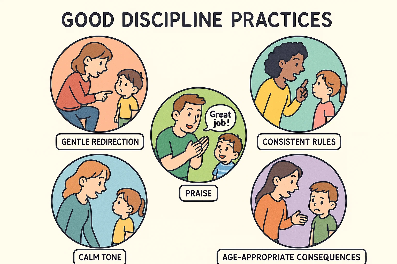 Infographic of five good discipline practices: gentle redirection, consistent rules, calm tone, praise, and age-appropriate consequences. Infographic of five good discipline practices: gentle redirection, consistent rules, calm tone, praise, and age-appropriate consequences.
