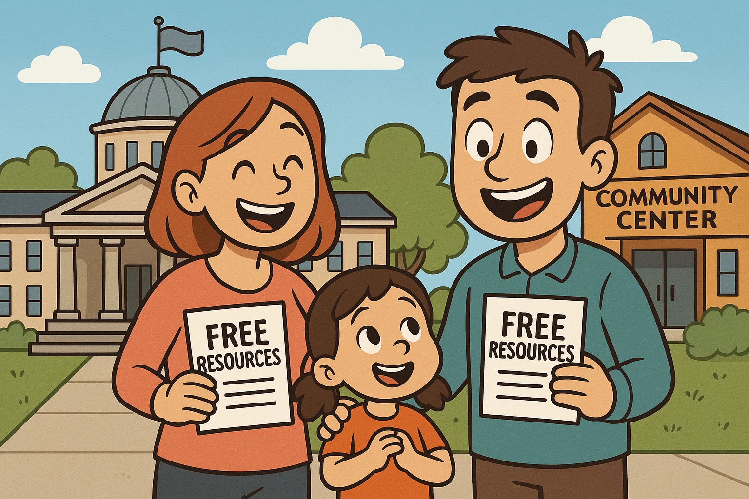 Cartoon parents receiving parenting resources from government and nonprofit centers.