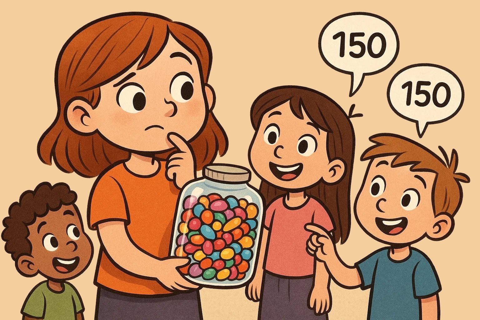 A cartoon illustration of a girl holding a jar of candy for a "Guess the Candy Count" game. A cartoon illustration of a girl holding a jar of candy for a "Guess the Candy Count" game.