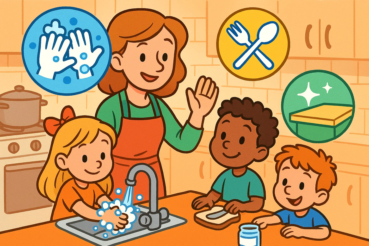 Preschool cooking guidelines with kids using safe utensils and clean kitchen setup.