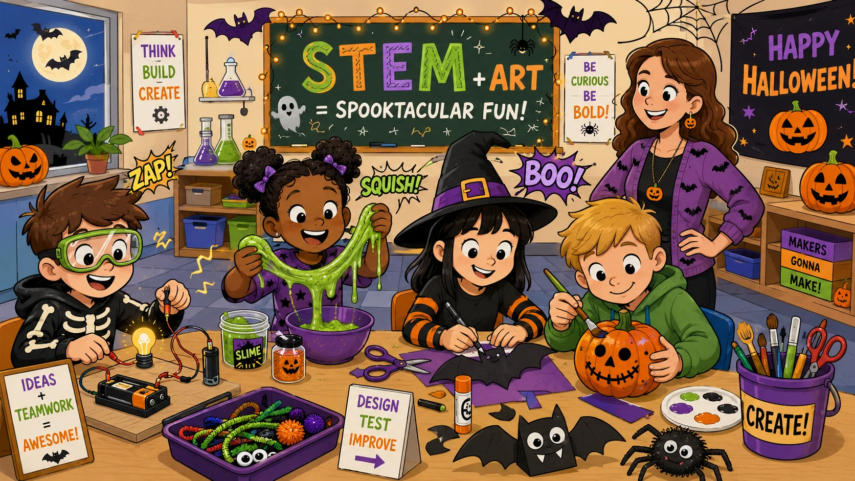  Halloween STEM art projects classroom with kids making pumpkins, slime, circuits, and bats. 
