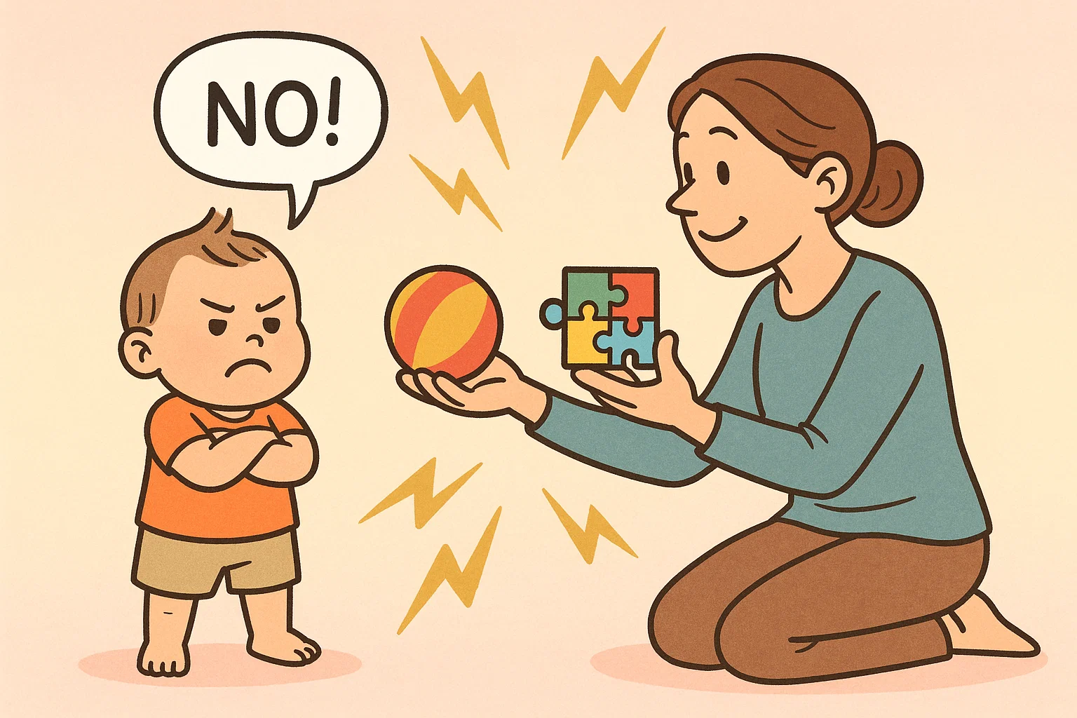 Parent handling power struggle with toddler ignoring them in cartoon illustration.
