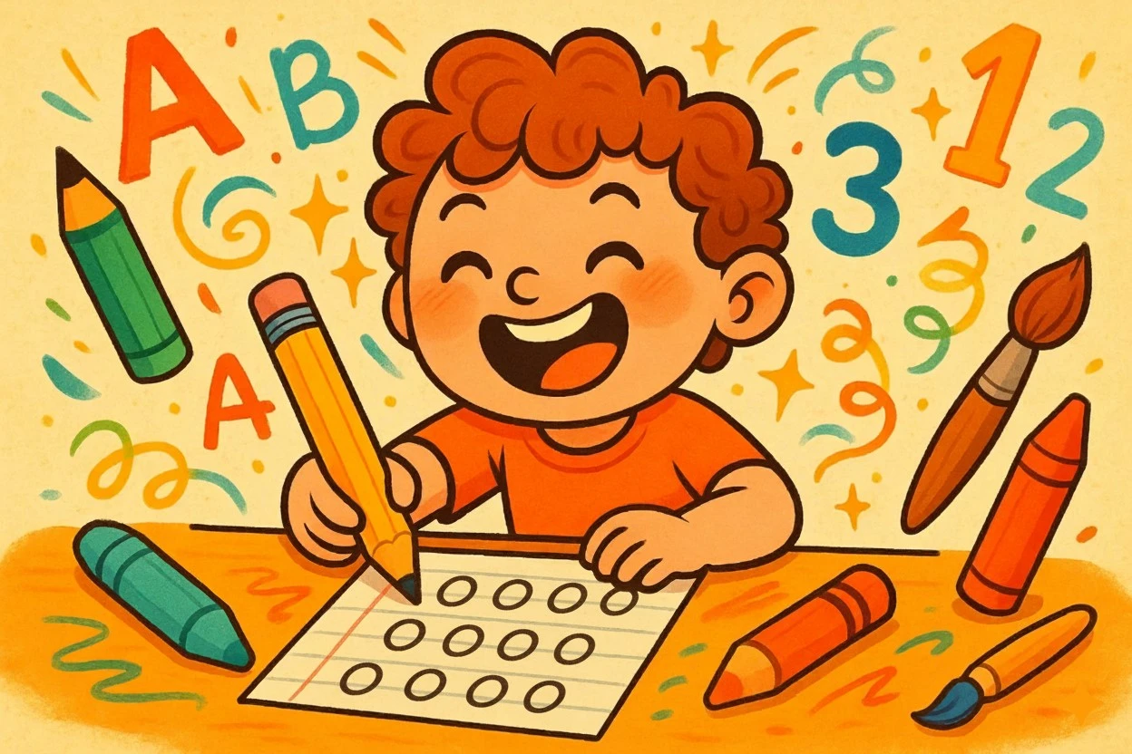 A happy child in a playful cartoon setting practices handwriting with colorful tools and floating letters, surrounded by joyful energy. A happy child in a playful cartoon setting practices handwriting with colorful tools and floating letters, surrounded by joyful energy.