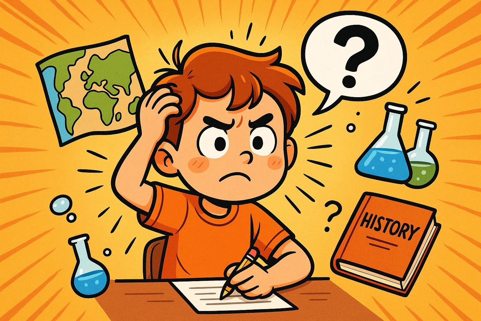 Cartoon child solving hard quizzes for 8-10 year olds with answers. Cartoon child solving hard quizzes for 8-10 year olds with answers.