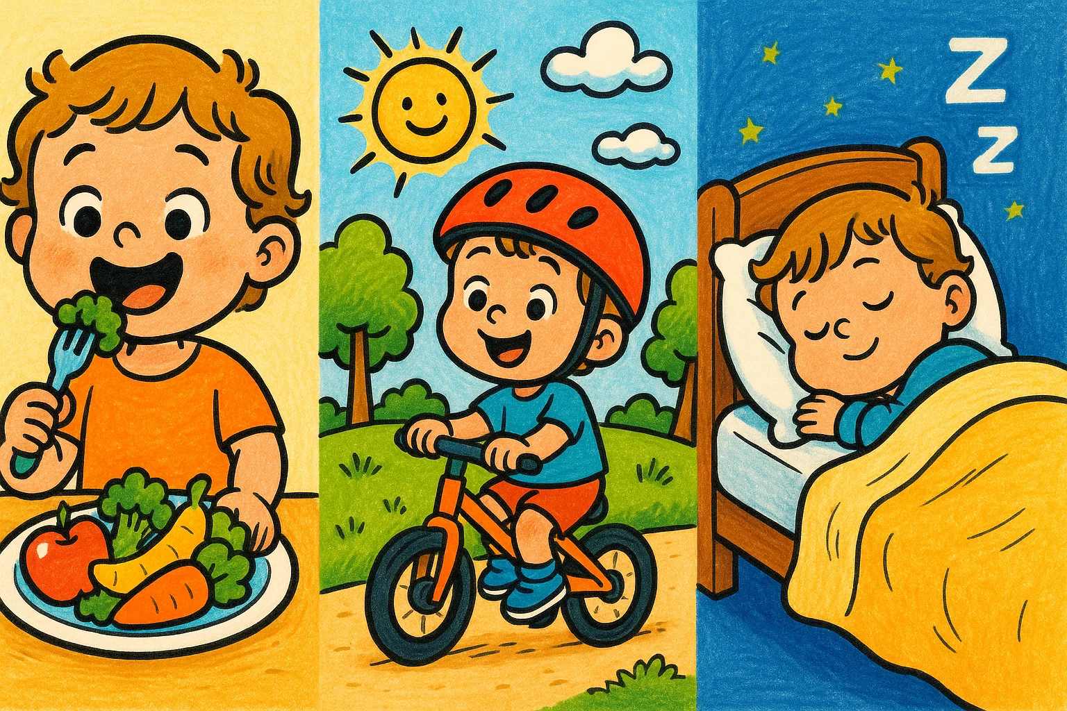 A cartoon of a 3-year-old eating healthy food, playing outside, and sleeping, promoting a healthy lifestyle.