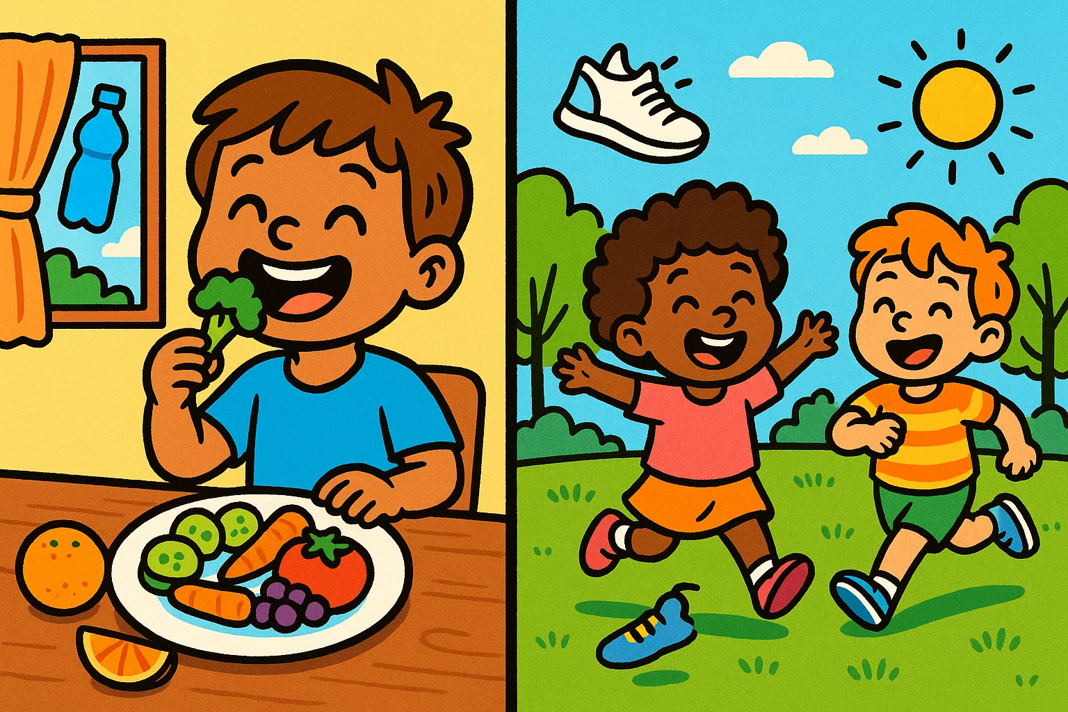 Kids eating healthy food and playing actively outdoors in sunny weather. Kids eating healthy food and playing actively outdoors in sunny weather.