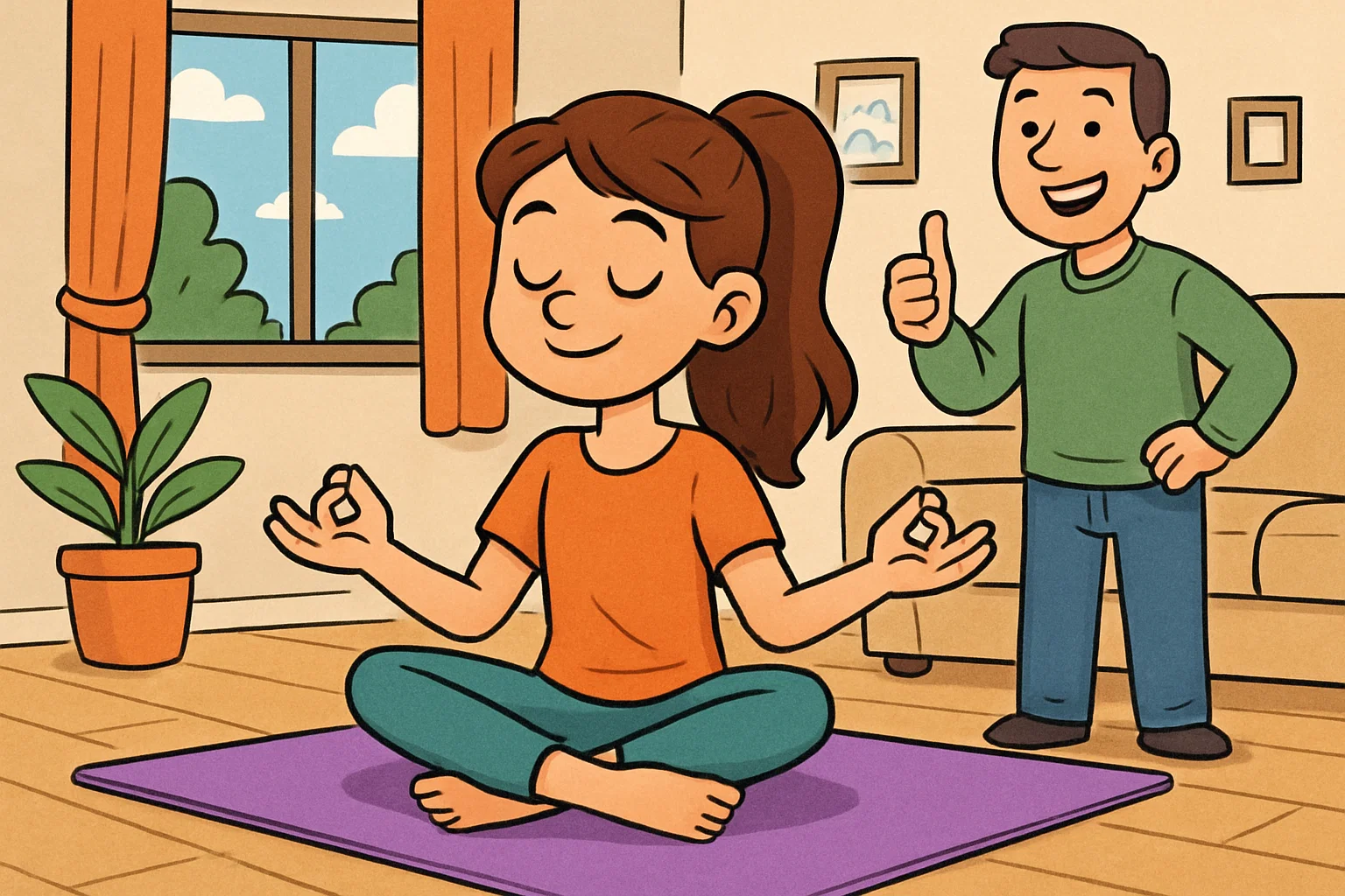 Cartoon teen girl practicing wellness at home with parent support.